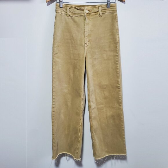 OAT NYC High-Rise Wide Leg 27" Jeans Raw Hem Stretch Neutral Gold Tan Women's 28 - Picture 2 of 16